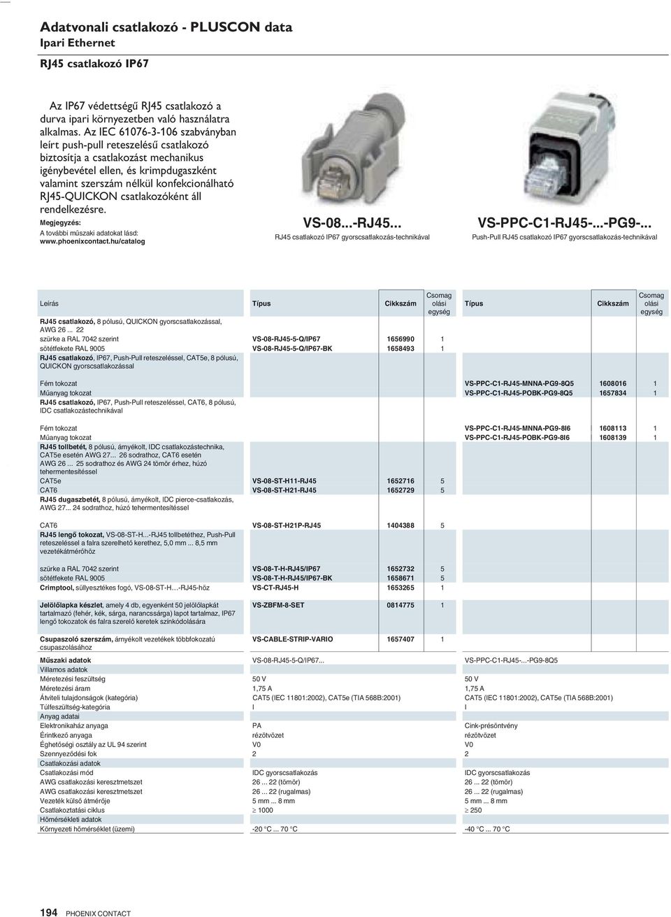 RJ45-QUICKON csatlakozóként áll rendelkezésre. VS-08...-RJ45... RJ45 csatlakozó IP67 gyorscsatlakozás-technikával VS-PPC-C1-RJ45-...-PG9-.