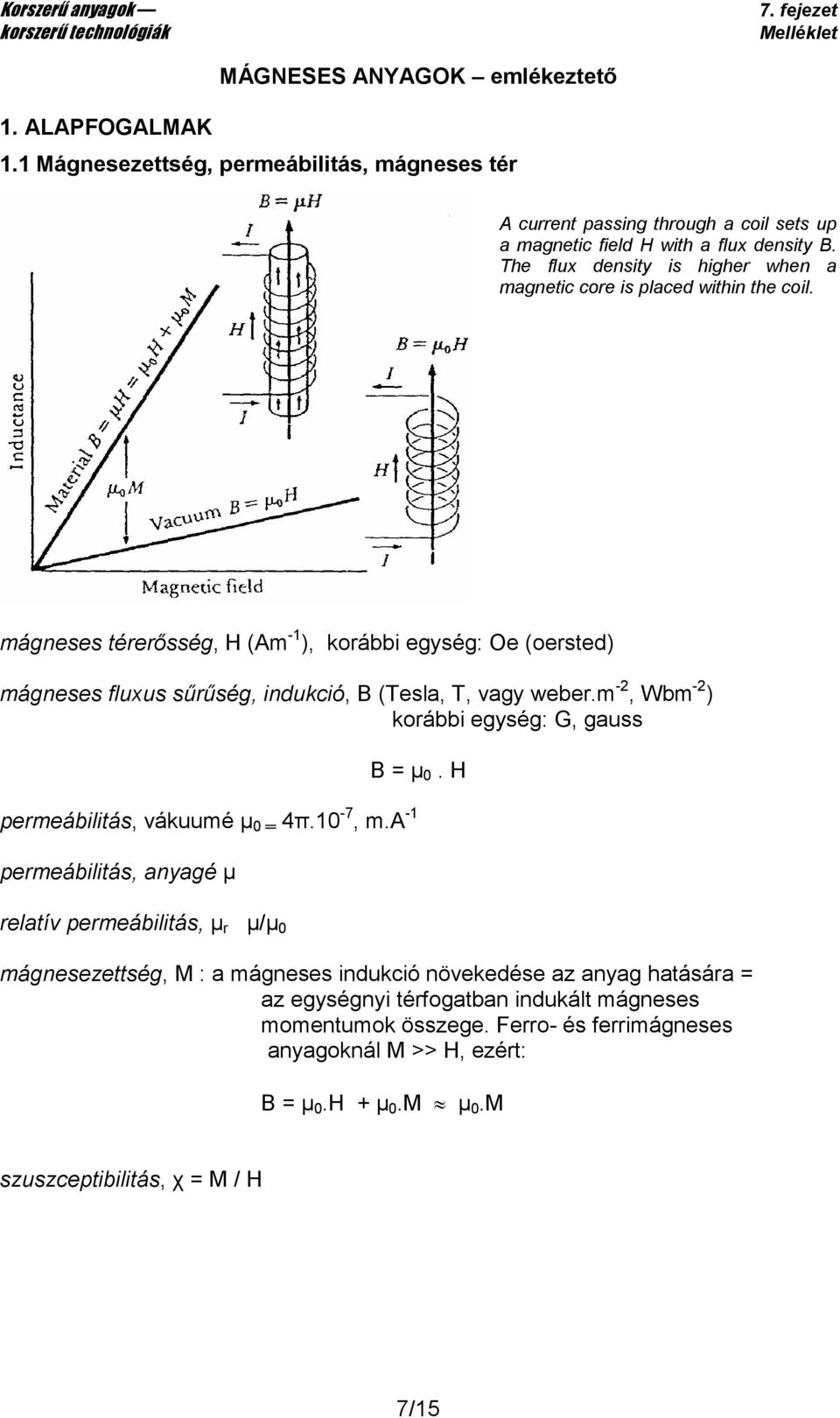 mágneses térerősség, H (Am -1 ), korábbi egység: Oe (oersted) mágneses fluxus sűrűség, indukció, B (Tesla, T, vagy weber.m -2, Wbm -2 ) korábbi egység: G, gauss B = µ 0.