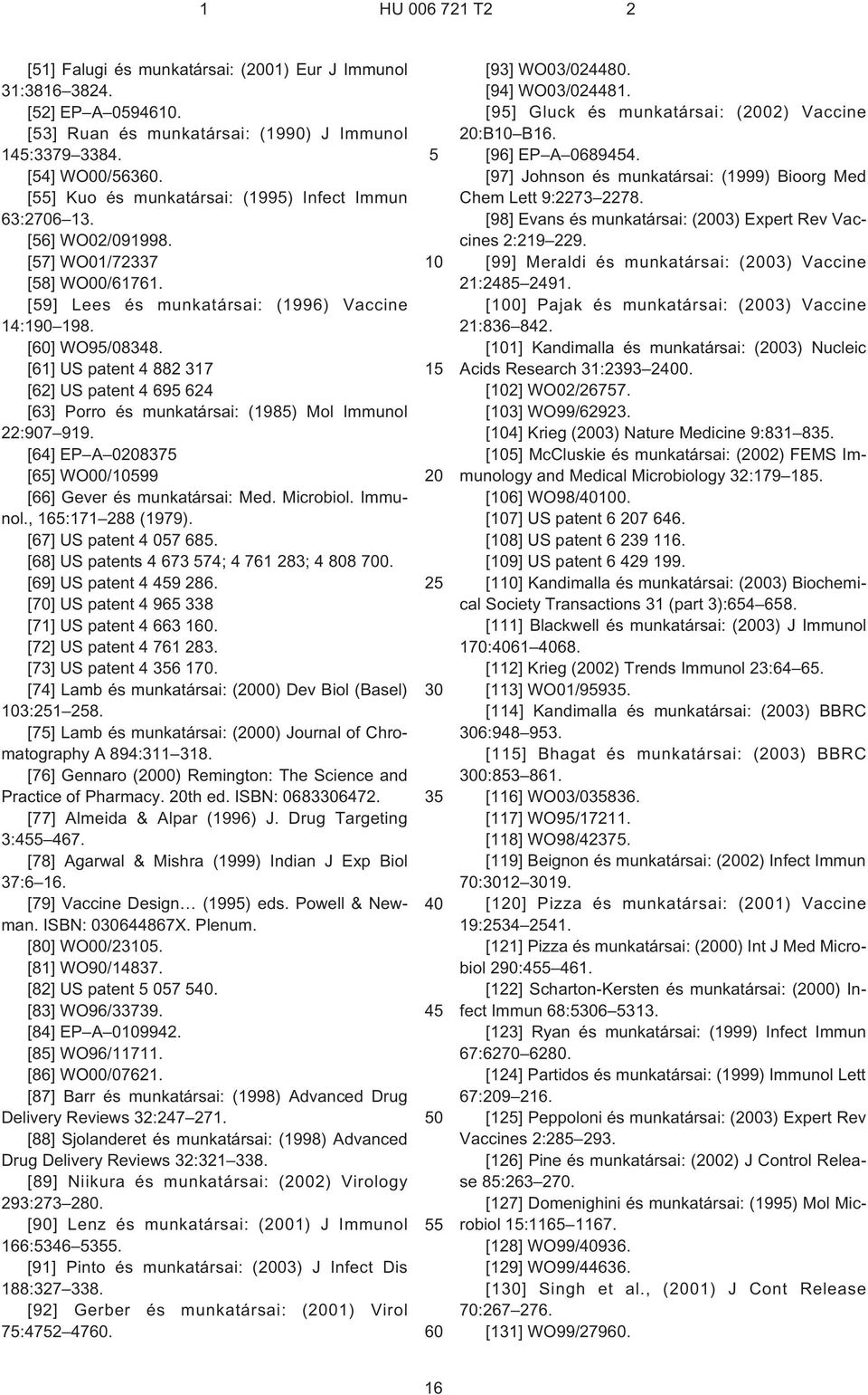 [61] US patent 4 882 317 [62] US patent 4 69 624 [63] Porro és munkatársai: (198) Mol Immunol 22:907 919. [64] EP A 0837 [6] WO00/99 [66] Gever és munkatársai: Med. Microbiol. Immunol., 16:171 288 (1979).