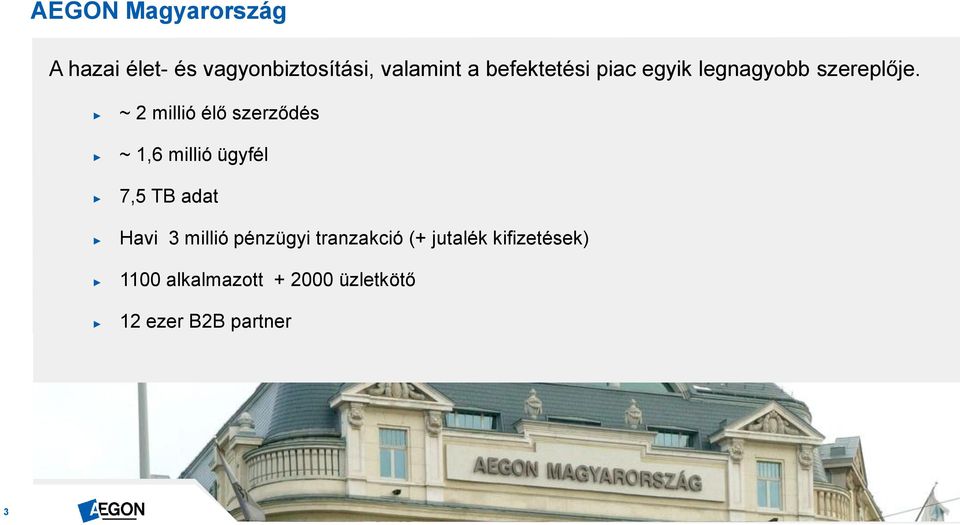 ~ 2 millió élő szerződés ~ 1,6 millió ügyfél 7,5 TB adat Havi 3 millió
