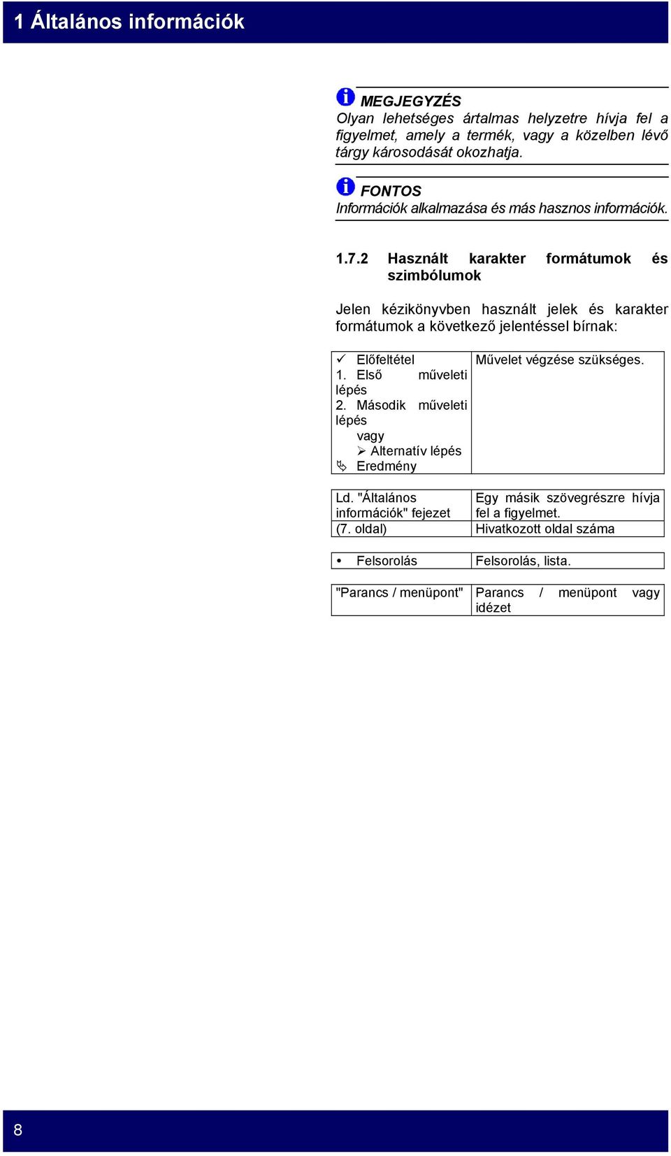 2 Használt karakter formátumok és szimbólumok Jelen kézikönyvben használt jelek és karakter formátumok a következő jelentéssel bírnak: Előfeltétel Művelet végzése