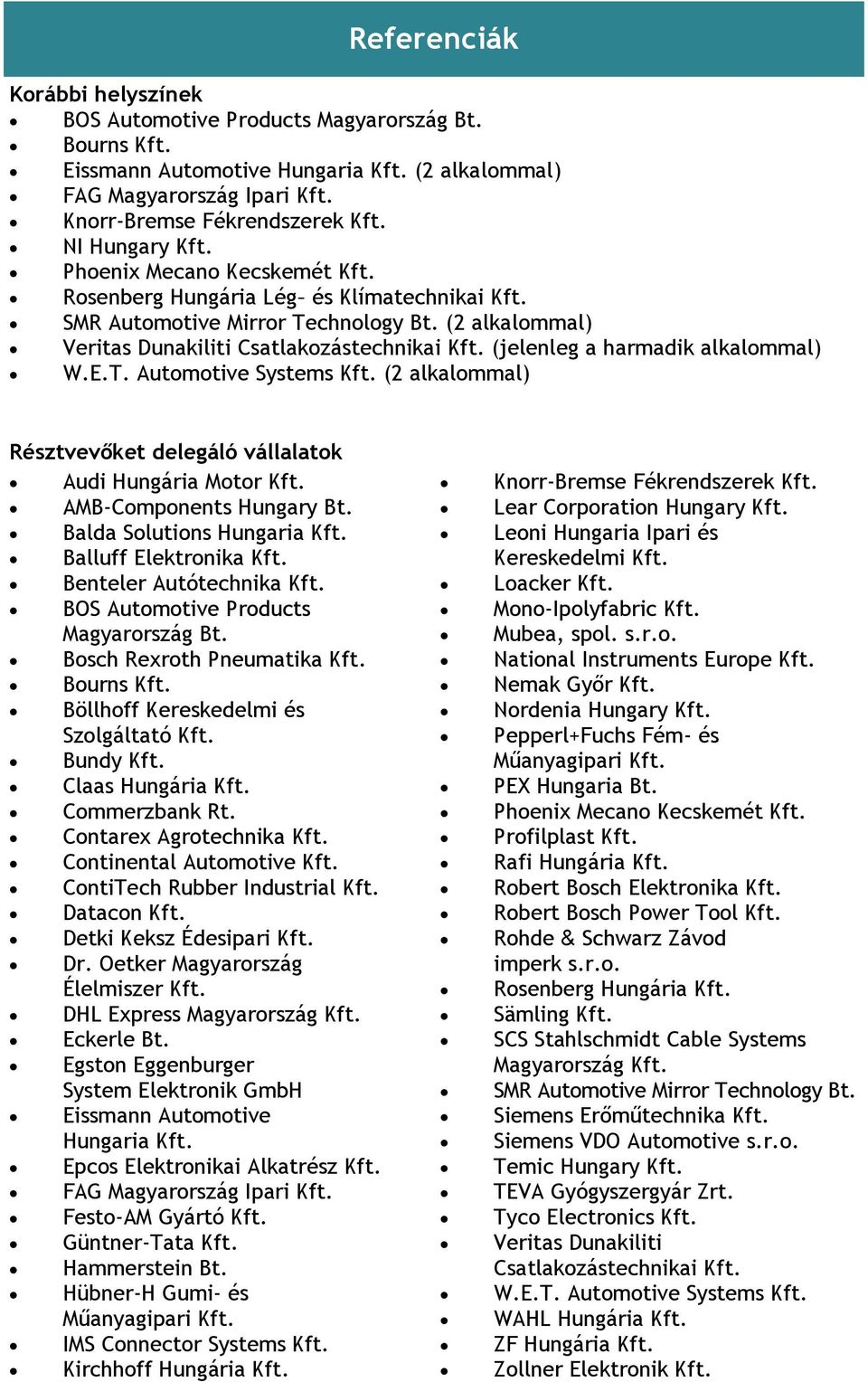 (jelenleg a harmadik alkalommal) W.E.T. Automotive Systems Kft. (2 alkalommal) Résztvevőket delegáló vállalatok Audi Hungária Motor Kft. AMB-Components Hungary Bt. Balda Solutions Hungaria Kft.