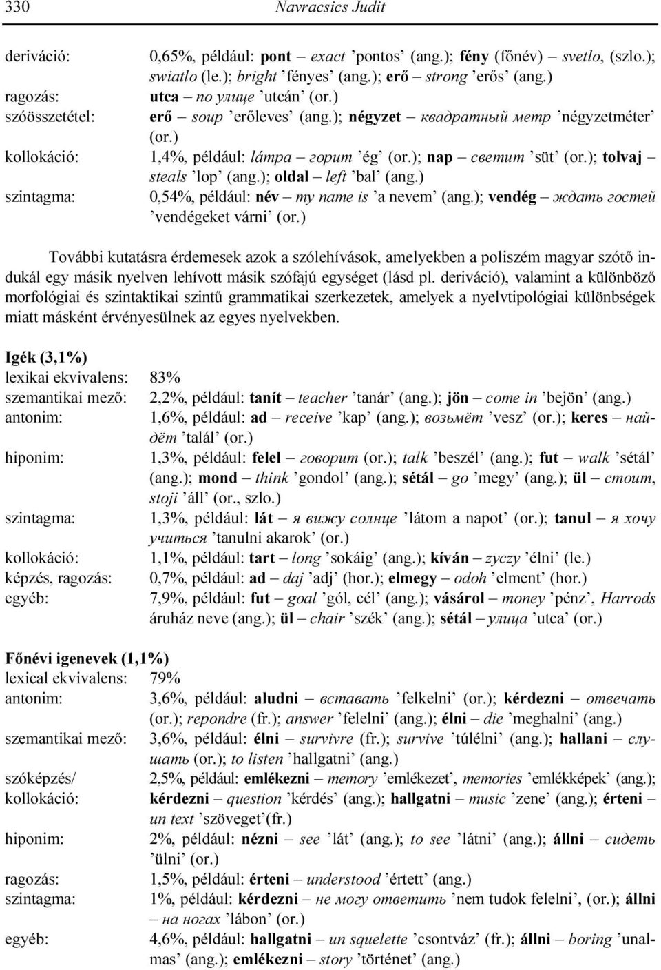 ); oldal left bal (ang.) szintagma: 0,54%, például: név my name is a nevem (ang.); vendég ждать гостей vendégeket várni (or.