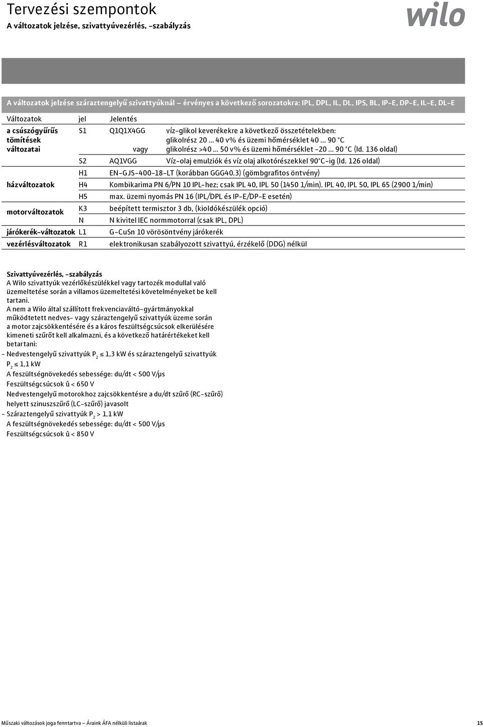 >40 50 v% és üzemi hőmérséklet -20 90 C (ld. 136 oldal) S2 AQ1VGG Víz-olaj emulziók és víz olaj alkotórészekkel 90 C-ig (ld. 126 oldal) H1 EN-GJS-400-18-LT (korábban GGG40.