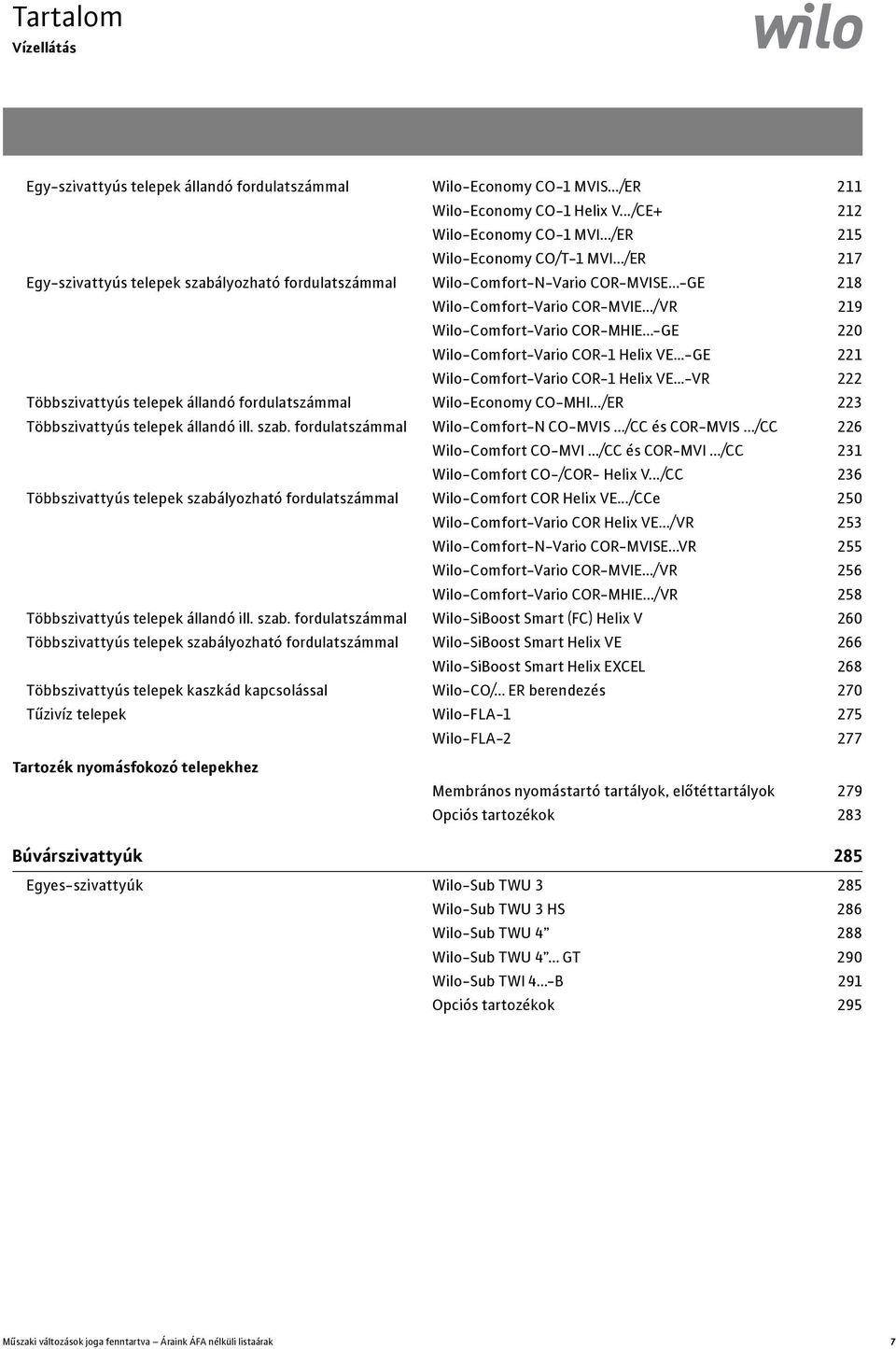 219 Wilo-Comfort-Vario COR-MHIE -GE 220 Wilo-Comfort-Vario COR-1 Helix VE...-GE 221 Wilo-Comfort-Vario COR-1 Helix VE...-VR 222 Többszivattyús telepek állandó fordulatszámmal Wilo-Economy CO-MHI.