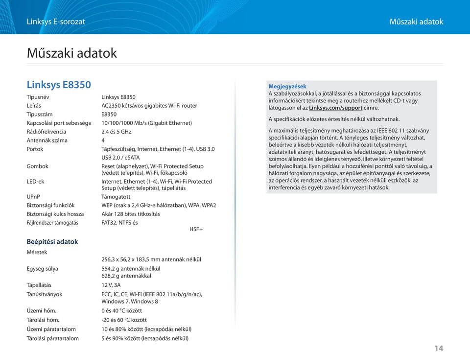 0 / esata Reset (alaphelyzet), Wi-Fi Protected Setup (védett telepítés), Wi-Fi, főkapcsoló Internet, Ethernet (1-4), Wi-Fi, Wi-Fi Protected Setup (védett telepítés), tápellátás Támogatott WEP (csak a