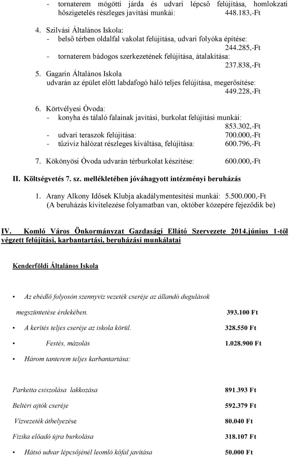 Gagarin Általános Iskola udvarán az épület előtt labdafogó háló teljes felújítása, megerősítése: 449.228,-Ft 6.