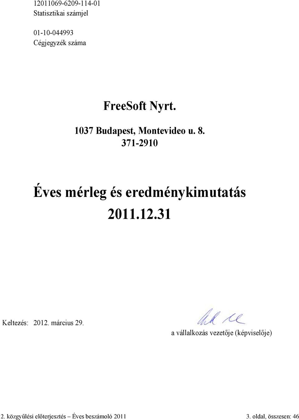 371-2910 Éves mérleg és eredménykimutatás 2011.12.31 Keltezés: 2012.