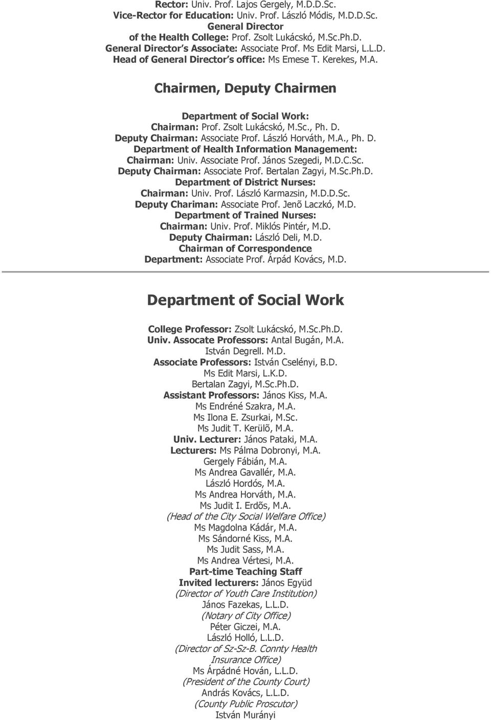 László Horváth, M.A., Ph. D. Department of Health Information Management: Chairman: Univ. Associate Prof. János Szegedi, M.D.C.Sc. Deputy Chairman: Associate Prof. Bertalan Zagyi, M.Sc.Ph.D. Department of District Nurses: Chairman: Univ.