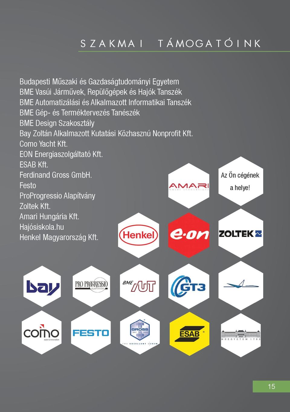 Alkalmazott Kutatási Közhasznú Nonprofit Kft. Como Yacht Kft. EON Energiaszolgáltató Kft. ESAB Kft. Ferdinand Gross GmbH.