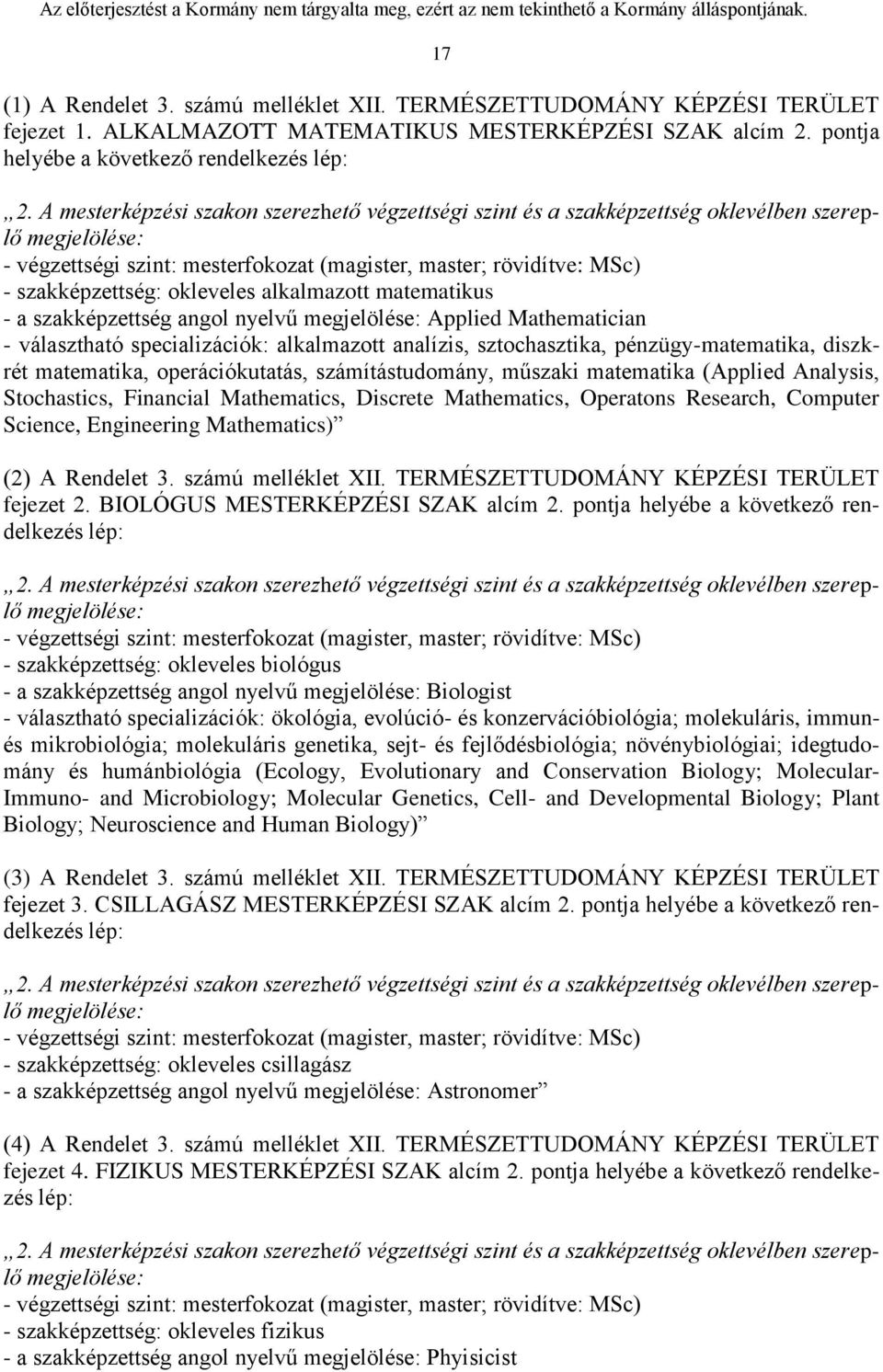 okleveles alkalmazott matematikus - a szakképzettség angol nyelvű megjelölése: Applied Mathematician - választható specializációk: alkalmazott analízis, sztochasztika, pénzügy-matematika, diszkrét