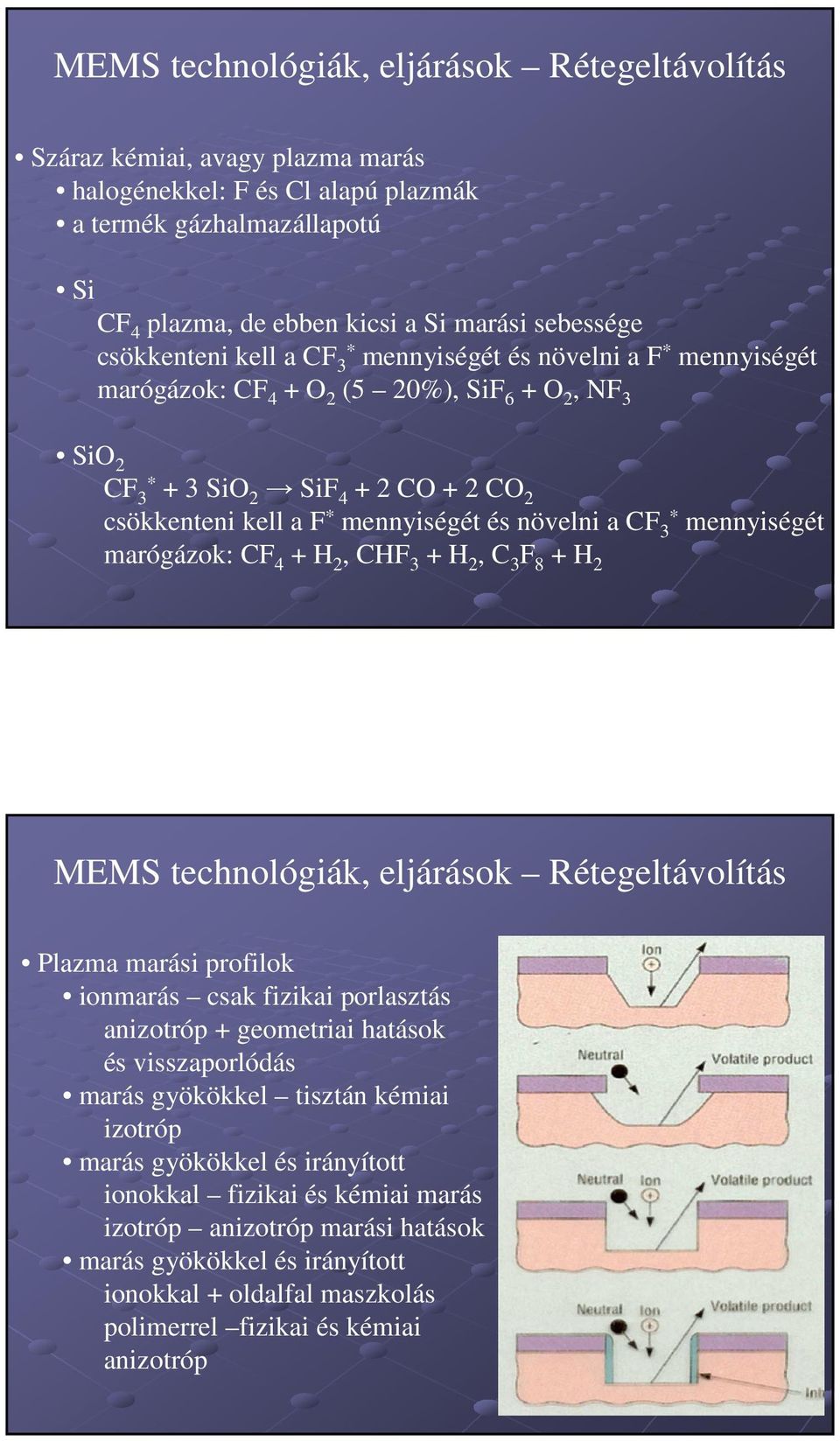 növelni a CF 3* mennyiségét marógázok: CF 4 + H 2, CHF 3 + H 2, C 3 F 8 + H 2 MEMS technológiák, eljárások Rétegeltávolítás Plazma marási profilok ionmarás csak fizikai porlasztás anizotróp +