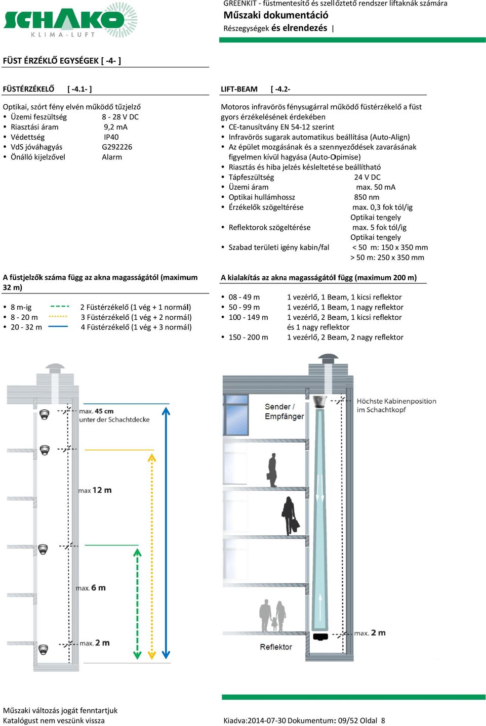 magasságától (maximum 32 m) 8 m-ig 8-20 m 20-32 m 2 Füstérzékelő (1 vég + 1 normál) 3 Füstérzékelő (1 vég + 2 normál) 4 Füstérzékelő (1 vég + 3 normál) LIFT-BEAM [ -4.