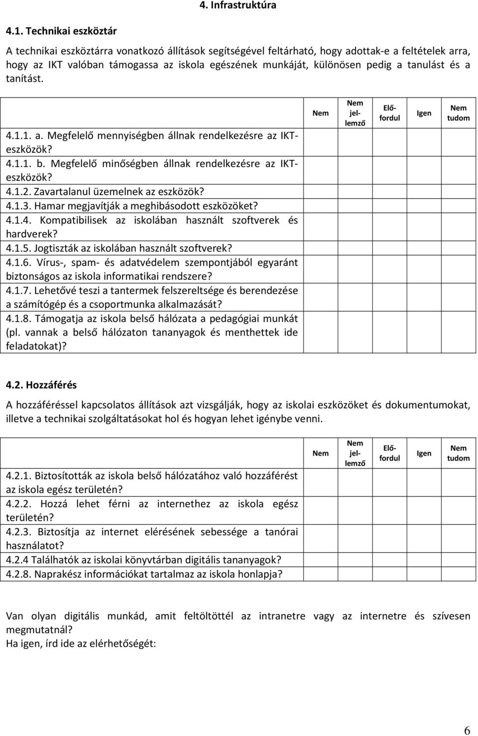 tanulást és a tanítást. 4.1.1. a. Megfelelő mennyiségben állnak rendelkezésre az IKTeszközök? 4.1.1. b. Megfelelő minőségben állnak rendelkezésre az IKTeszközök? 4.1.2.