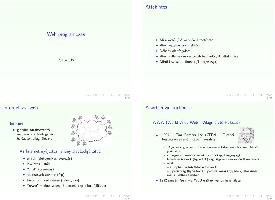 web A web rövid története Internet: globális adatközvetítő rendszer / számítógépes hálózatok világhálózata Az Internet nyújtotta néhány alapszolgáltatás: e-mail (elektronikus levelezés) levelezési