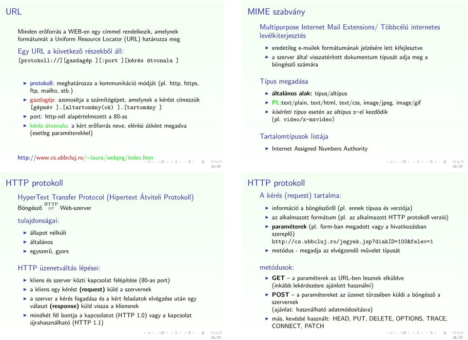 [tartomány ] port: http-nél alapértelmezett a 80-as kérés útvonala: a kért erőforrás neve, elérési útként megadva (esetleg paraméterekkel) http://www.cs.ubbcluj.ro/ laura/webprg/index.