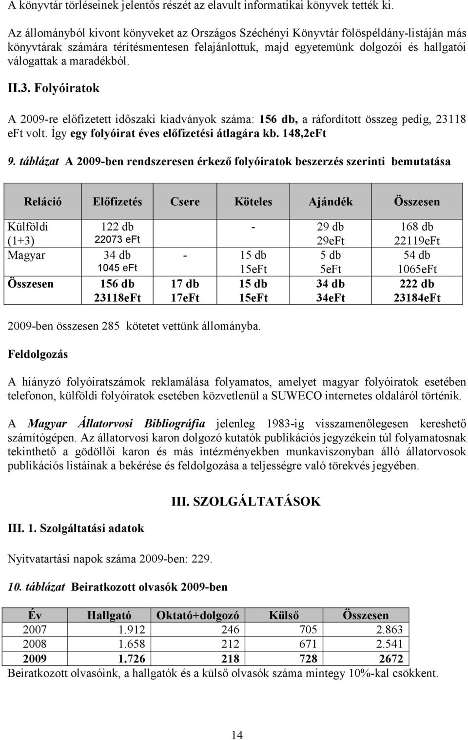 maradékból. II.3. Folyóiratok A 2009-re elıfizetett idıszaki kiadványok száma: 156 db, a ráfordított összeg pedig, 23118 eft volt. Így egy folyóirat éves elıfizetési átlagára kb. 148,2eFt 9.