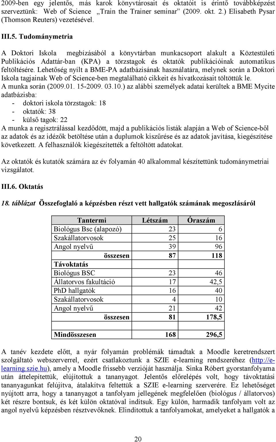 Lehetıség nyílt a BME-PA adatbázisának használatára, melynek során a Doktori Iskola tagjainak Web of Science-ben megtalálható cikkeit és hivatkozásait töltöttük le. A munka során (2009.01. 15-2009.