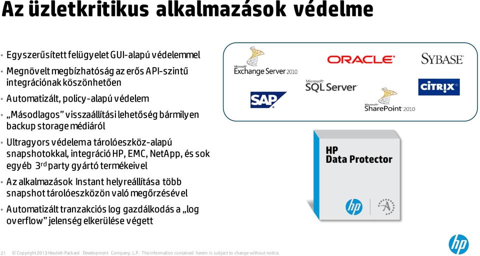 Ultragyors védelem a tárolóeszköz-alapú snapshotokkal, integráció HP, EMC, NetApp, és sok egyéb 3 rd party gyártó termékeivel Az