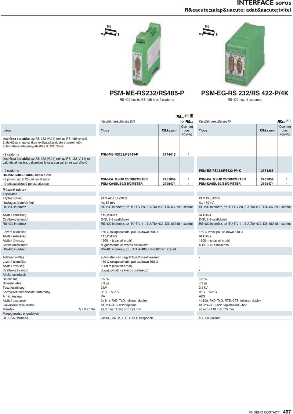 P - 2 csatorna PM-ME-R232/R485-P 2744416 1 Interfész átalakító, az R-232 (V.24)-nek az R-422 (V.