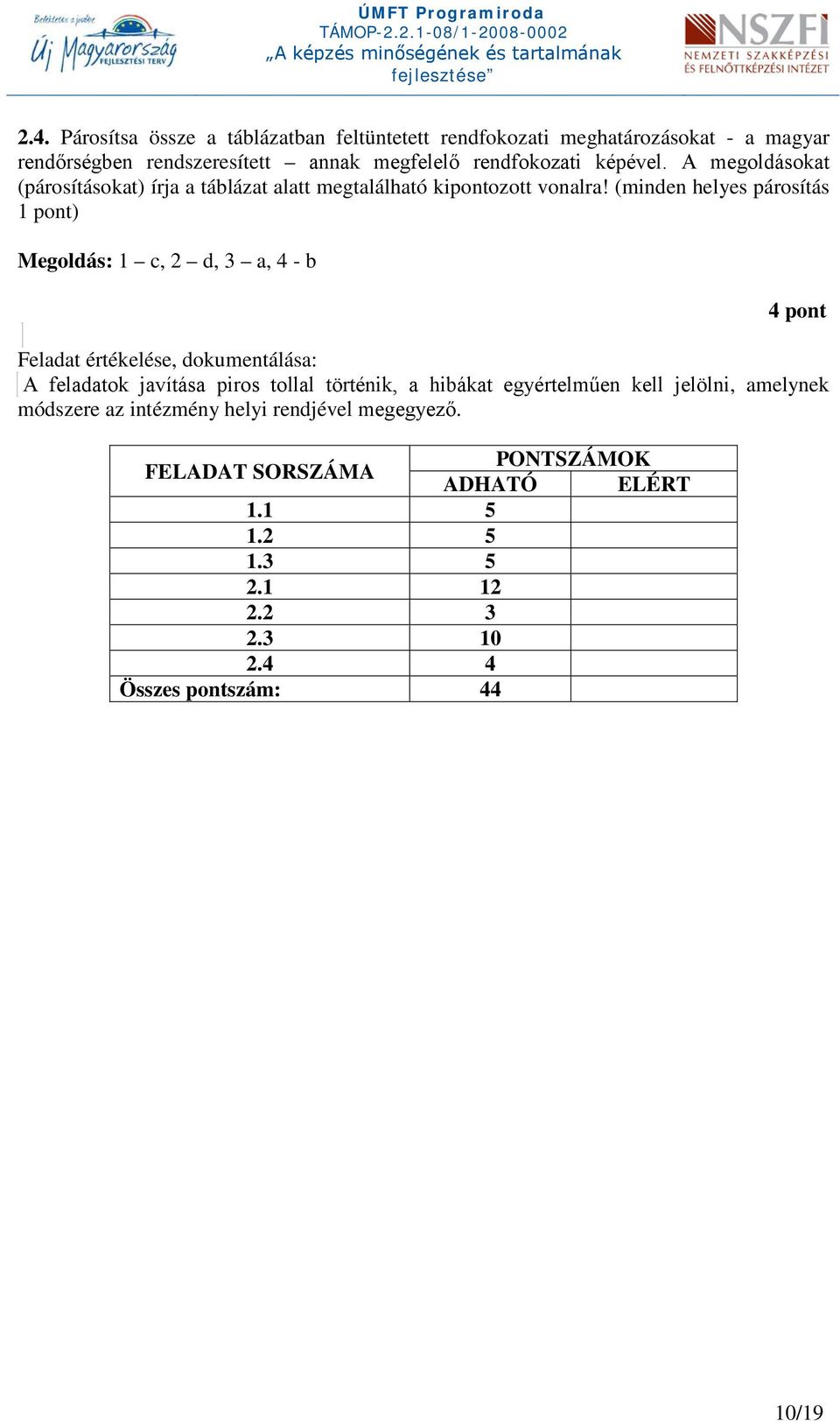 (minden helyes párosítás 1 pont) Megoldás: 1 c, 2 d, 3 a, 4 - b 4 pont Feladat értékelése, dokumentálása: A feladatok javítása piros tollal történik,