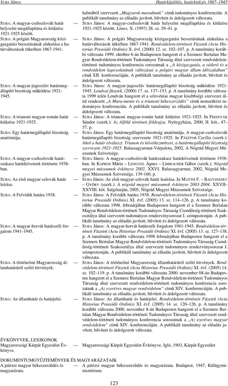 SUBA: A trianoni magyar-román határ kitűzése 1921-1925. SUBA: Egy határmegállapító bizottság anatómiája. SUBA: A magyar-csehszlovák határszakasz határköveinek története 1938- ban.