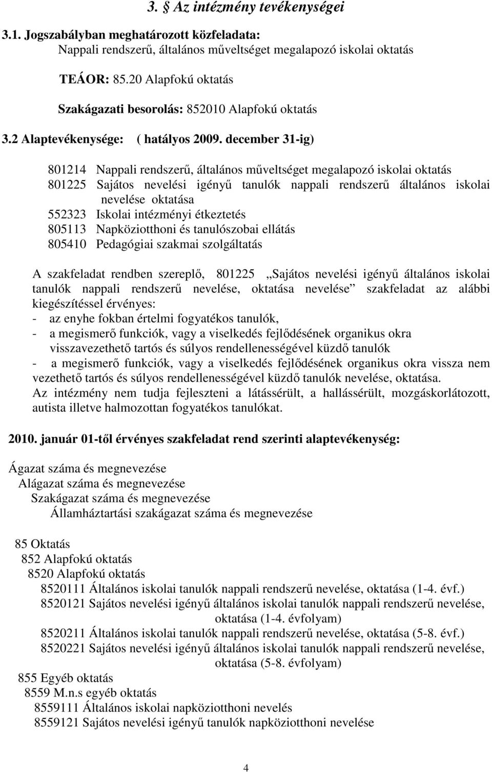 december 31-ig) 801214 Nappali rendszerű, általános műveltséget megalapozó iskolai oktatás 801225 Sajátos nevelési igényű tanulók nappali rendszerű általános iskolai nevelése oktatása 552323 Iskolai