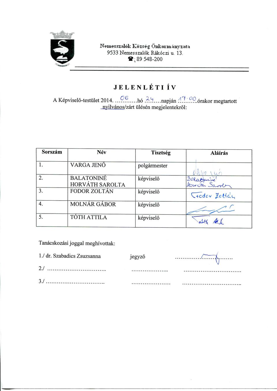 .6rakormegtartott nyilvanos/zart iilesen megjelentekrol: Sorszam Nev Tisztseg Alairas 1. 2. 3.