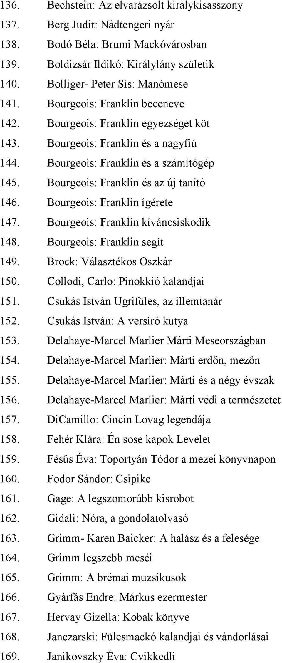 Bourgeois: Franklin ígérete 147. Bourgeois: Franklin kíváncsiskodik 148. Bourgeois: Franklin segít 149. Brock: Választékos Oszkár 150. Collodi, Carlo: Pinokkió kalandjai 151.