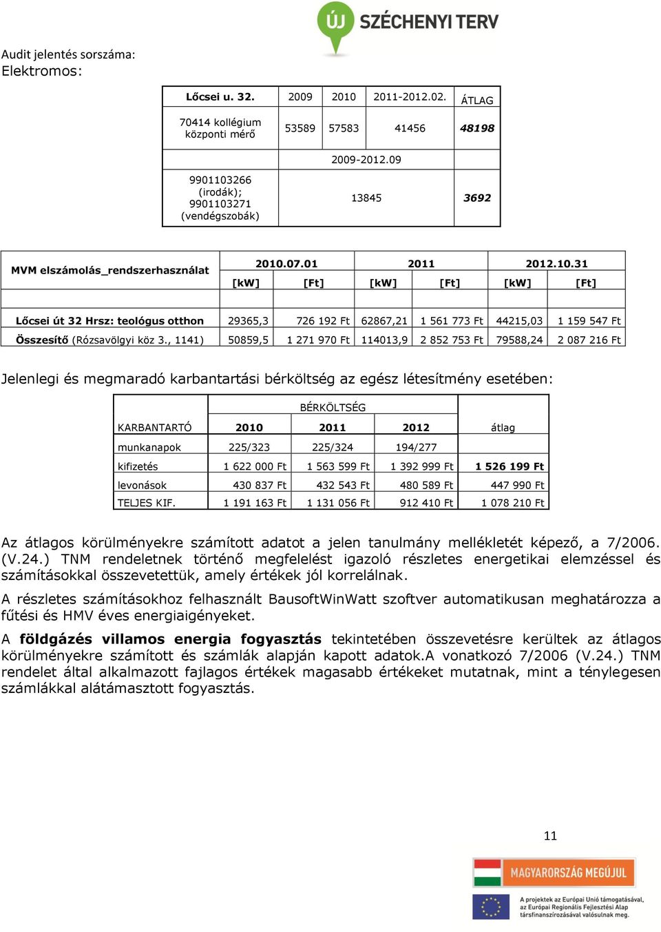 , 1141) 50859,5 1 271 970 Ft 114013,9 2 852 753 Ft 79588,24 2 087 216 Ft Jelenlegi és megmaradó karbantartási bérköltség az egész létesítmény esetében: BÉRKÖLTSÉG KARBANTARTÓ 2010 2011 2012 átlag