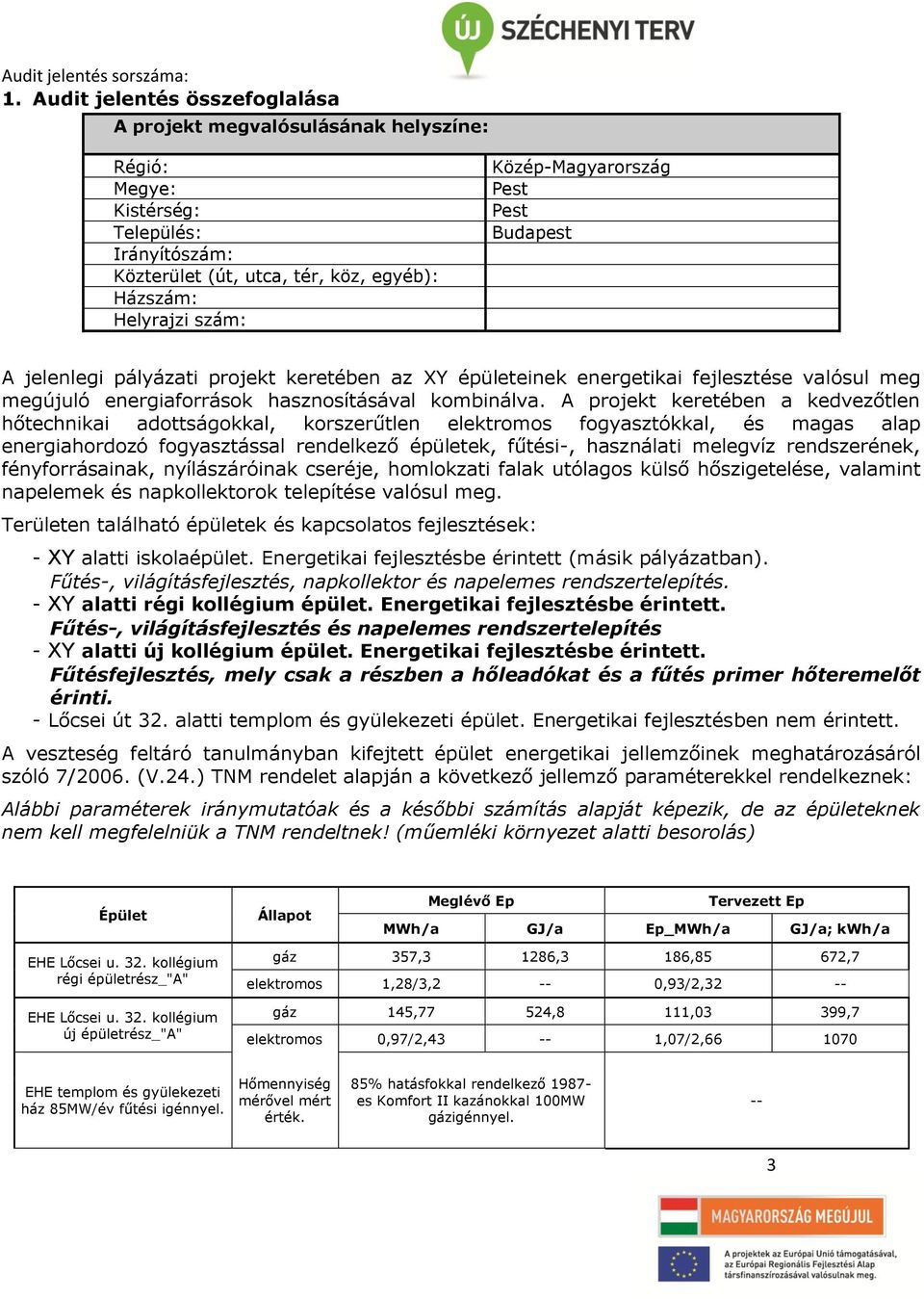 A projekt keretében a kedvezőtlen hőtechnikai adottságokkal, korszerűtlen elektromos fogyasztókkal, és magas alap energiahordozó fogyasztással rendelkező épületek, fűtési-, használati melegvíz