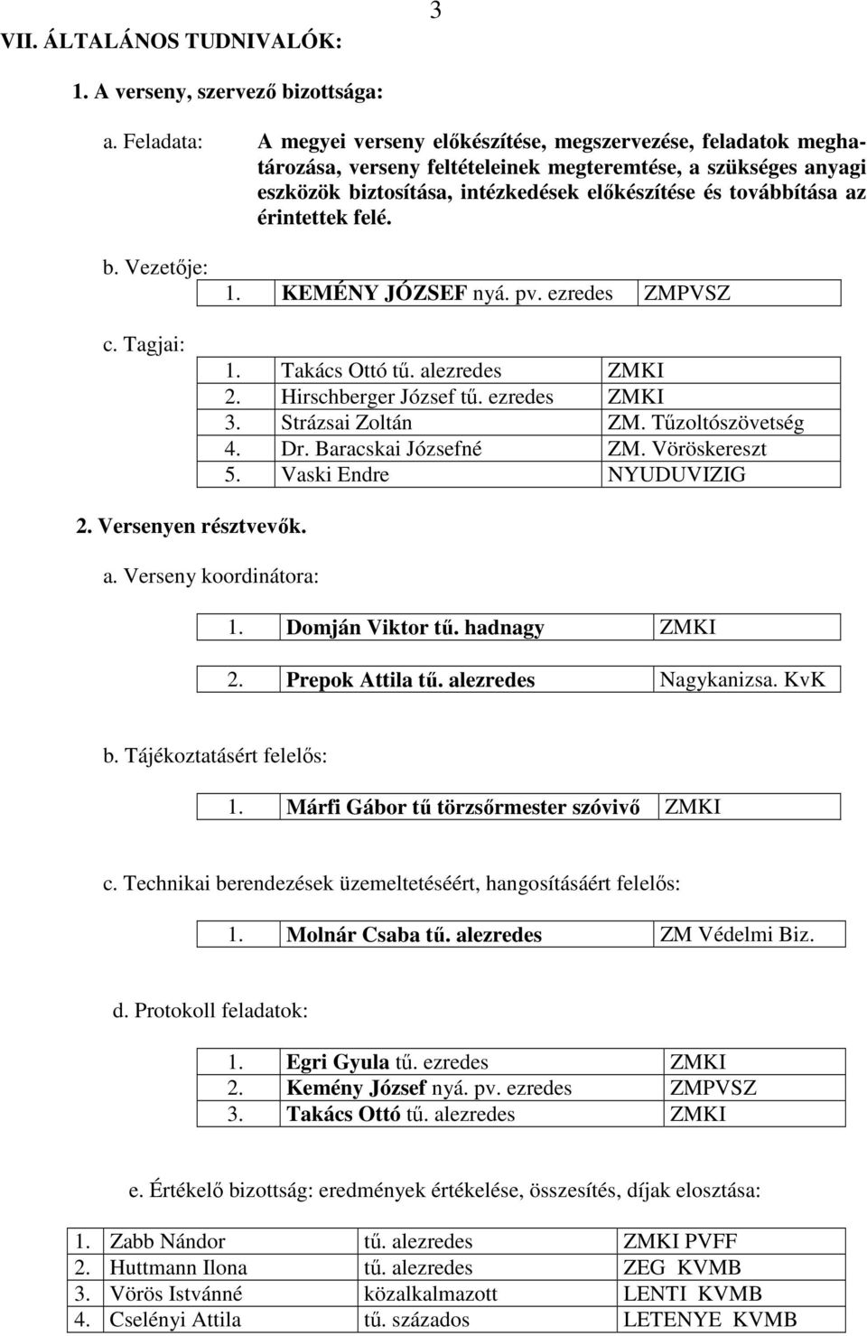 az érintettek felé. b. Vezetője: c. Tagjai: 1. KEMÉNY JÓZSEF nyá. pv. ezredes ZMPVSZ 1. Takács Ottó tű. alezredes ZMKI 2. Hirschberger József tű. ezredes ZMKI 3. Strázsai Zoltán ZM.