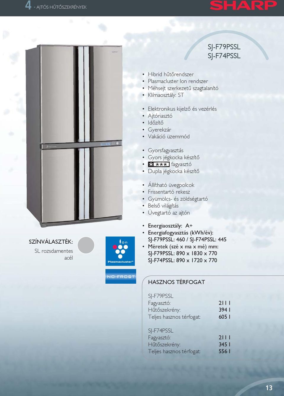 Üvegtartó az ajtón SZÍNVÁLASZTÉK: SL rozsdamentes acél Energiaosztály: A+ Energiafogyasztás (kwh/év): SJ-F79PSSL: 460 / SJ-F74PSSL: 445 Méretek (szé x ma x mé) mm: SJ-F79PSSL: 890 x 1830 x 770