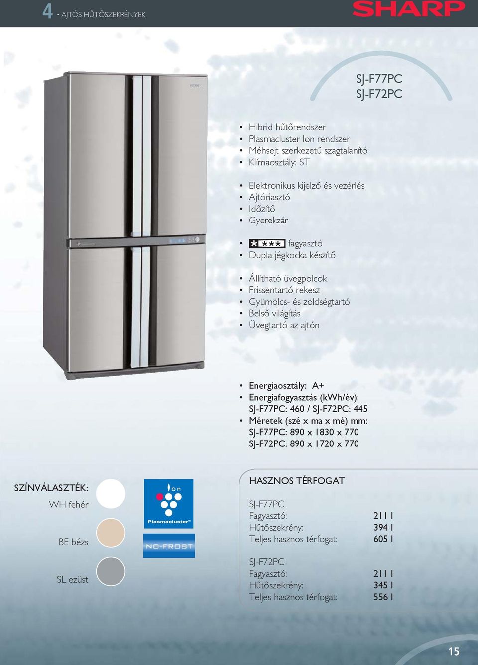 Energiaosztály: A+ Energiafogyasztás (kwh/év): SJ-F77PC: 460 / SJ-F72PC: 445 Méretek (szé x ma x mé) mm: SJ-F77PC: 890 x 1830 x 770 SJ-F72PC: 890 x 1720 x 770 SZÍNVÁLASZTÉK: WH