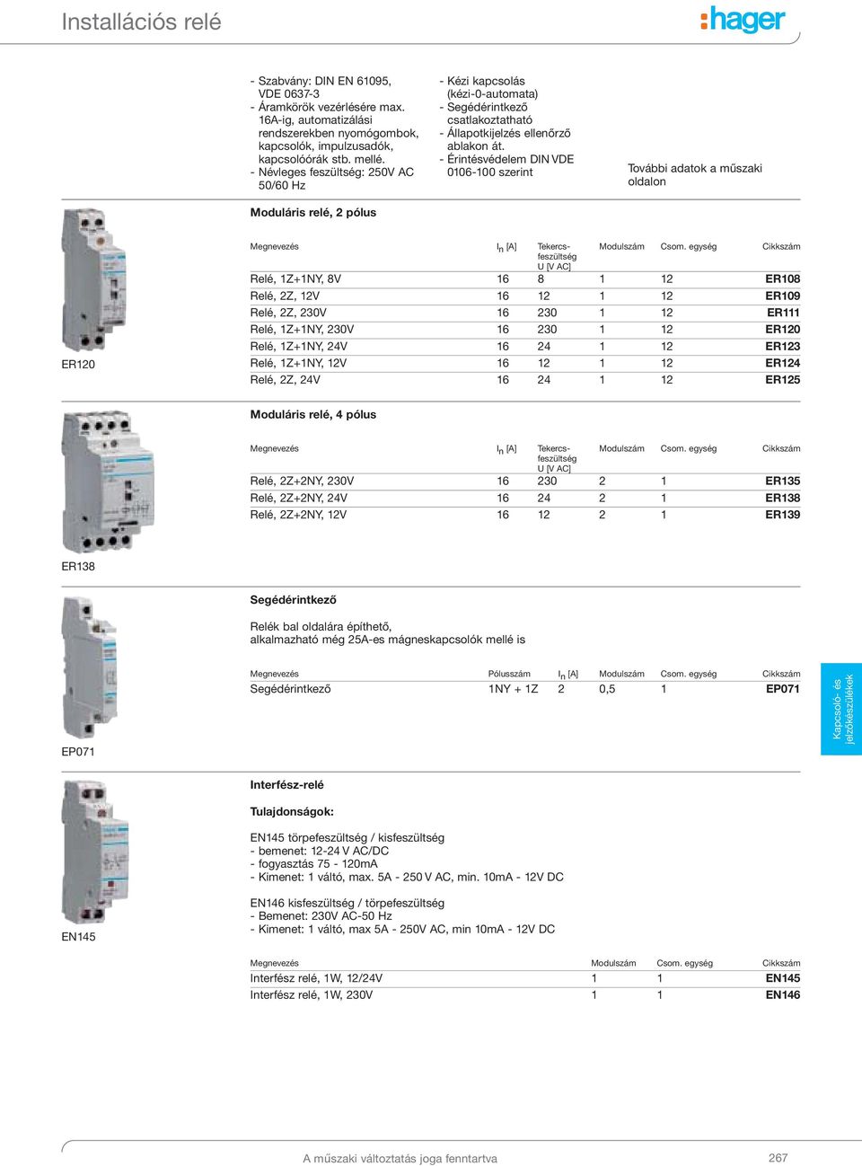 Érintésvédelem DIN VDE 00600 szerint További adatok a műszaki oldalon Moduláris relé, pólus ER0 Megnevezés I n [A] Tekercsfeszültség Modulszám Csom.
