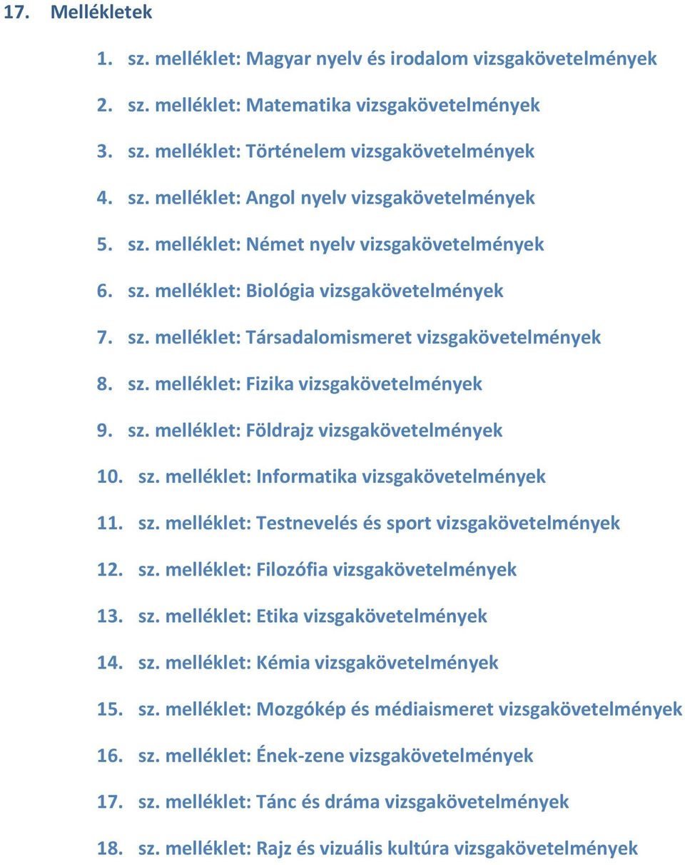 sz. melléklet: Földrajz vizsgakövetelmények 10. sz. melléklet: Informatika vizsgakövetelmények 11. sz. melléklet: Testnevelés és sport vizsgakövetelmények 12. sz. melléklet: Filozófia vizsgakövetelmények 13.