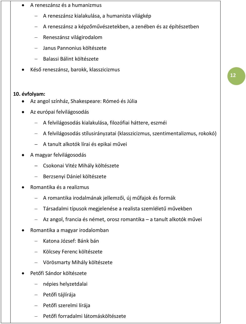 évfolyam: Az angol színház, Shakespeare: Rómeó és Júlia Az európai felvilágosodás A felvilágosodás kialakulása, filozófiai háttere, eszméi A felvilágosodás stílusirányzatai (klasszicizmus,