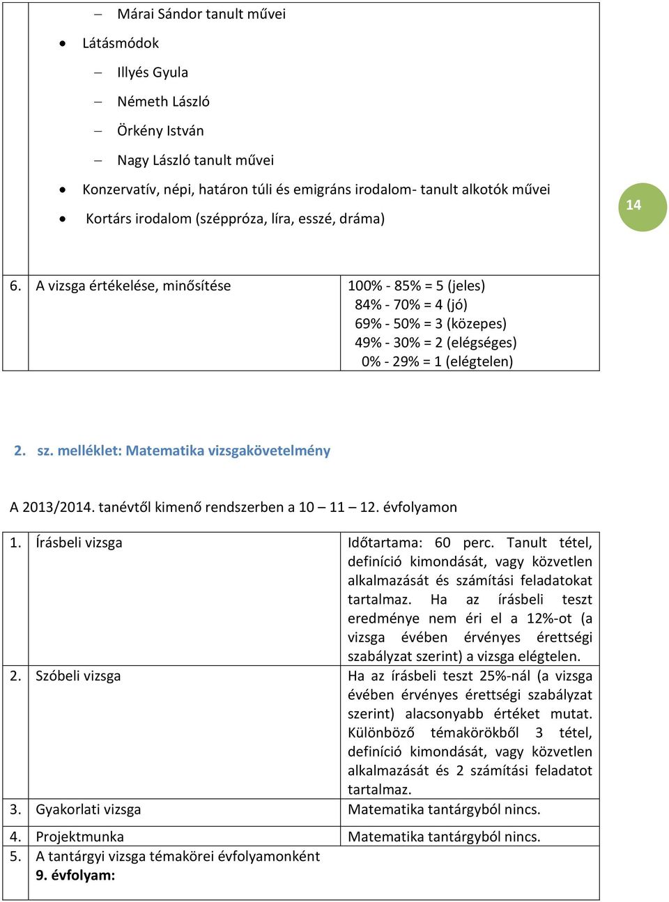 melléklet: Matematika vizsgakövetelmény A 2013/2014. tanévtől kimenő rendszerben a 10 11 12. évfolyamon 1. Írásbeli vizsga Időtartama: 60 perc.