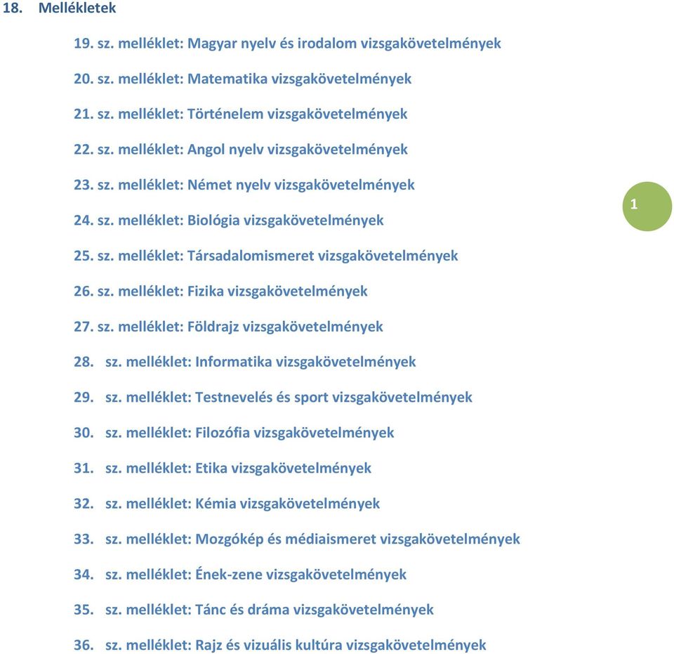 sz. melléklet: Földrajz vizsgakövetelmények 28. sz. melléklet: Informatika vizsgakövetelmények 29. sz. melléklet: Testnevelés és sport vizsgakövetelmények 30. sz. melléklet: Filozófia vizsgakövetelmények 31.