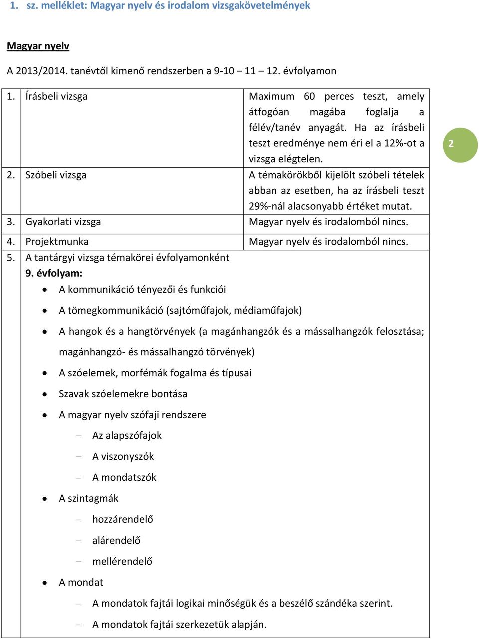 Szóbeli vizsga A témakörökből kijelölt szóbeli tételek abban az esetben, ha az írásbeli teszt 29%-nál alacsonyabb értéket mutat. 3. Gyakorlati vizsga Magyar nyelv és irodalomból nincs. 2 4.