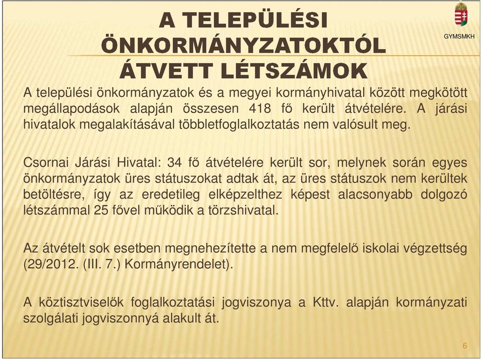 Csornai Járási Hivatal: 34 fő átvételére került sor, melynek során egyes önkormányzatok üres státuszokat adtak át, az üres státuszok nem kerültek betöltésre, így az