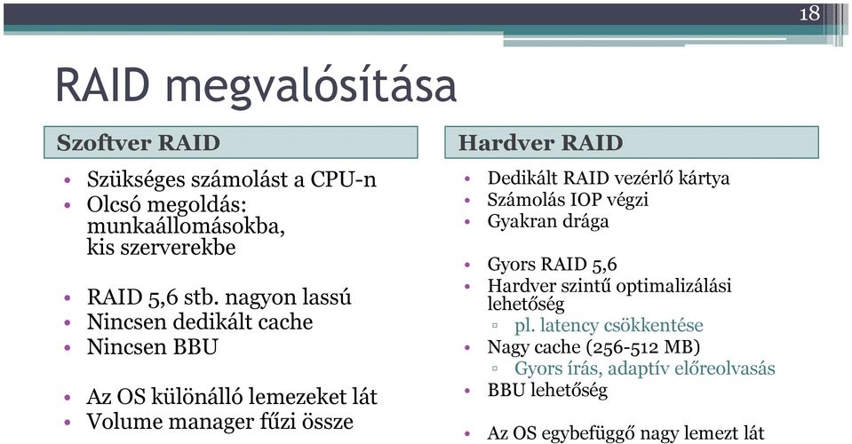 Dedikált RAID vezérlő kártya Számolás IOP végzi Gyakran drága Gyors RAID 5,6 Hardver szintű optimalizálási lehetőség pl.