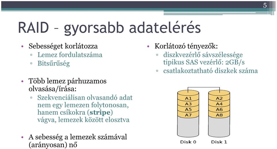 csíkokra (stripe) vágva, lemezek között elosztva Korlátozó tényezők: diszkvezérlő sávszélessége