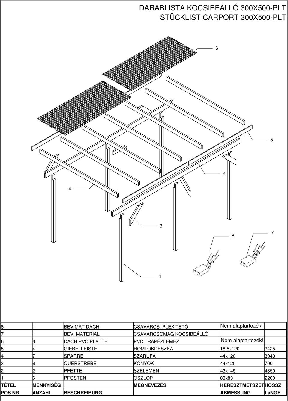 5 4 GIEBELLEISTE HOMLOKDESZKA 18,5x120 2425 4 7 SPARRE SZARUFA 44x120 3040 3 6 QUERSTREBE KÖNYÖK 44x120 700 2 2 PFETTE
