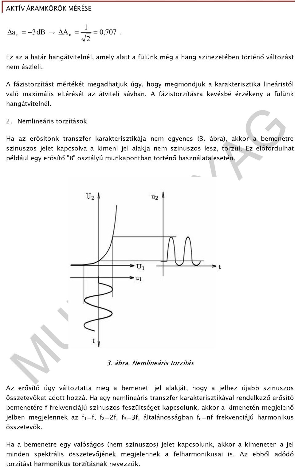 . Nemlineáris torzítások Ha az erősítőnk transzfer karakterisztikája nem egyenes (3. ábra), akkor a bemenetre szinszos jelet kapcsolva a kimeni jel alakja nem szinszos lesz, torzl.