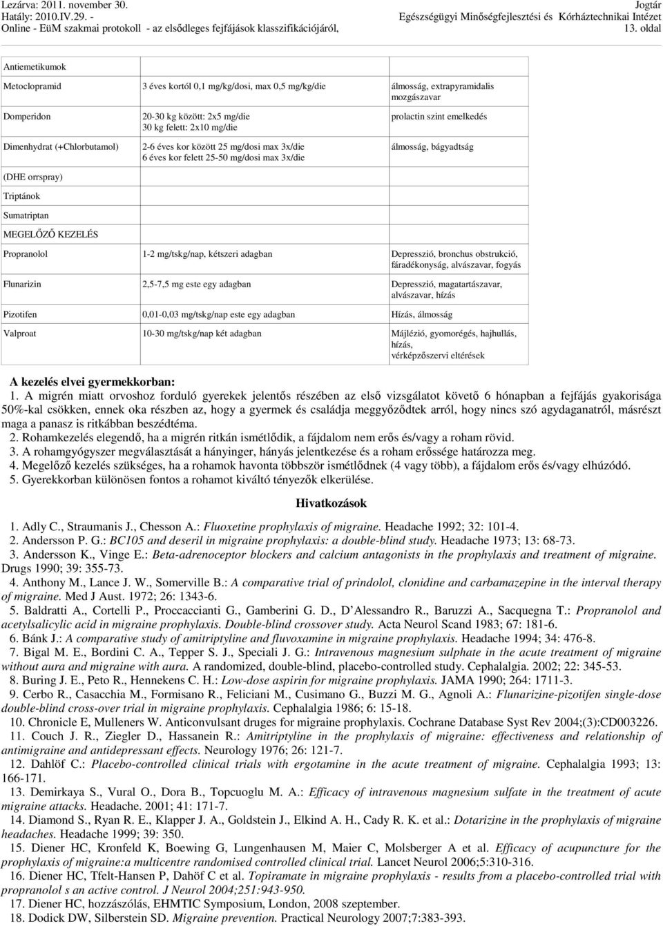 álmosság, bágyadtság Propranolol 1-2 mg/tskg/nap, kétszeri adagban Depresszió, bronchus obstrukció, fáradékonyság, alvászavar, fogyás Flunarizin 2,5-7,5 mg este egy adagban Depresszió,