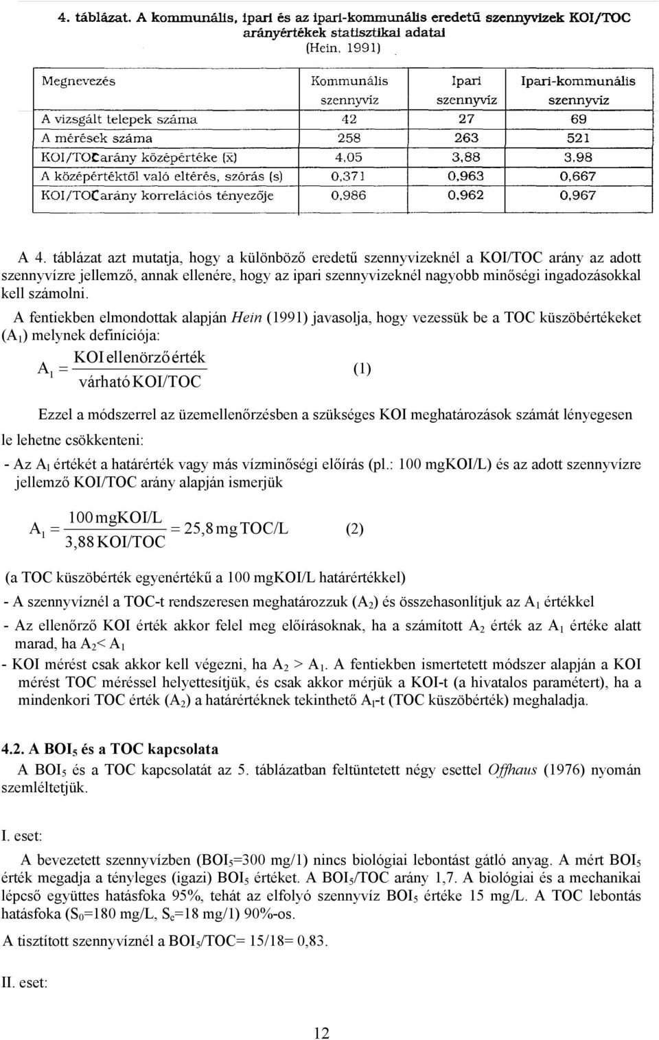 A fentiekben elmondottak alapján Hein (1991) javasolja, hogy vezessük be a TOC küszöbértékeket (A 1 ) melynek definíciója: KOI ellenörző érték A 1 = (1) várható KOI/TOC Ezzel a módszerrel az