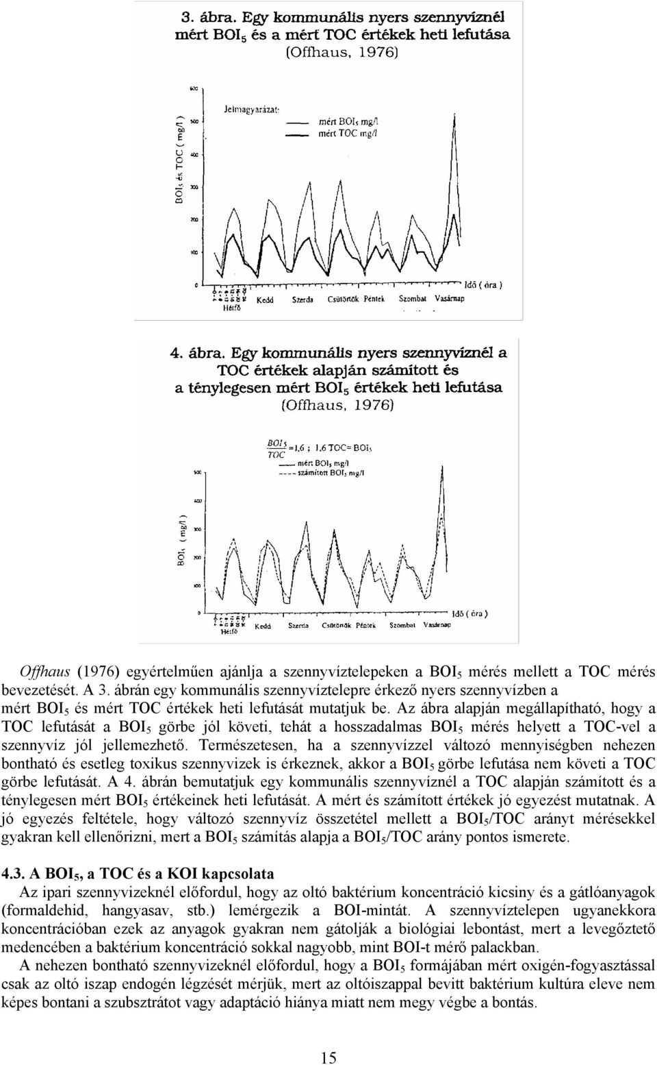 Az ábra alapján megállapítható, hogy a TOC lefutását a BOI 5 görbe jól követi, tehát a hosszadalmas BOI 5 mérés helyett a TOC-vel a szennyvíz jól jellemezhető.