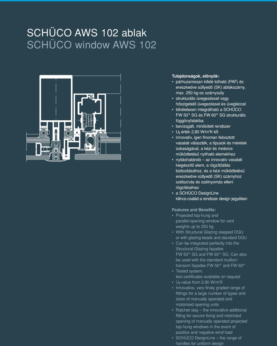 bevizsgált, minôsített rendszer U f érték 2,80 W/m 2 K-tôl innovatív, igen finoman felosztott vasalati választék, a típusok és méretek sokaságával, a kézi és motoros mûködtetésû nyitható elemekhez