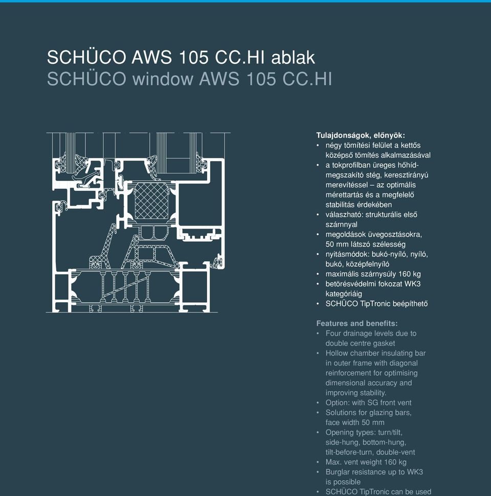 stabilitás érdekében válaszható: strukturális elsô szárnnyal megoldások üvegosztásokra, 50 mm látszó szélesség nyitásmódok: bukó-nyíló, nyíló, bukó, középfelnyíló maximális szárnysúly 160 kg